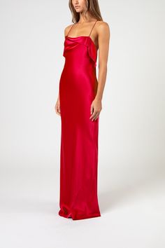 Bias gown with cowl and ruffles in pure silk satin. Features delicate spaghetti straps. Fully lined in silk. Imported. Composition: 100% silk Senior Ball Dresses, Silk Formal Dress, Girl Prom, Cute Formal Dresses, Prom Dress Inspo, Fancy Fits, Prom Inspo, Prom 2024, Prom Queen