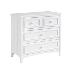 a white dresser with three drawers and two pulls on the bottom drawer, against a white background