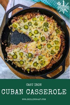 the cast iron cuban casserole is topped with cheese and jalapenos