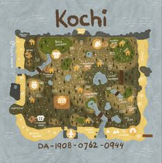 an illustrated map of kochi with the name written in brown and blue on it