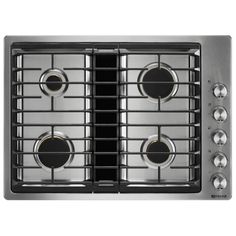 a stainless steel stove top with four burners and three knobs on the front