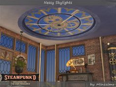 an animated image of a clock in a room with stained glass windows and brick walls