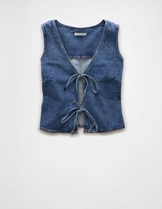 AE Denim Bow Tie Vest Denim Vest Pattern Sewing, Denim Tie Top, Fitted Denim Vest, Fun Clothes Aesthetic, Zara Denim Top, Denim Vest Diy, Denim Tops Women, Cute Style Outfits, Christmas Casual Outfits