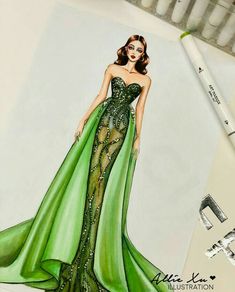 a drawing of a woman in a green dress