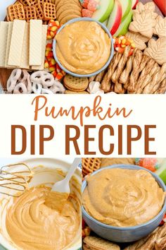 pumpkin dip recipe with pretzels, crackers and apples in the background text overlay reads pumpkin dip recipe