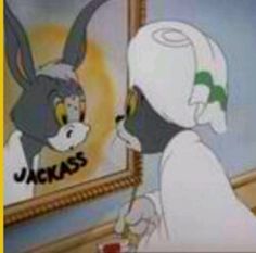 an animated image of a cartoon character looking at himself in the mirror