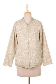 All-over embroidery and subtle beaded accents bring a delicate look to this wear-anywhere bomber-style jacket. Designed by Anchal Ahuja and crafted in India of natural cotton gauze with a full cotton lining it features a zip closure and front slash pockets. Casual Beige Embroidered Outerwear, Embroidered Cotton Outerwear With Stand Collar, Embroidered Relaxed Fit Outerwear For Fall, Cream Embroidered Cotton Outerwear, Casual Outerwear With Floral Embroidery And Stand Collar, Beige Cotton Outerwear With Floral Embroidery, Embroidered Cream Outerwear For Spring, Fall Outerwear With Tonal Embroidery Long Sleeve, Fall Tonal Embroidery Long Sleeve Outerwear