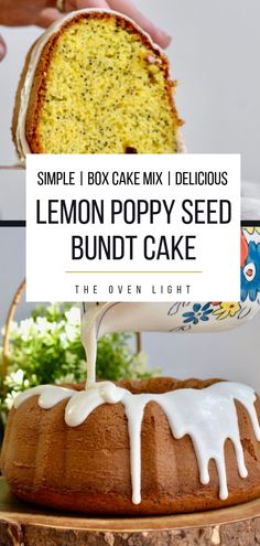 a lemon poppy seed bundt cake is being drizzled with white icing