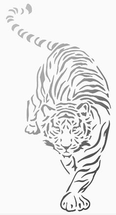 a black and white drawing of a tiger running with its tail spread out to the side