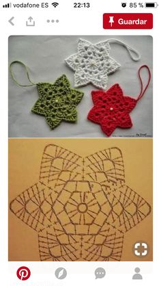 crocheted ornaments are shown on the left and right side of an iphone screen