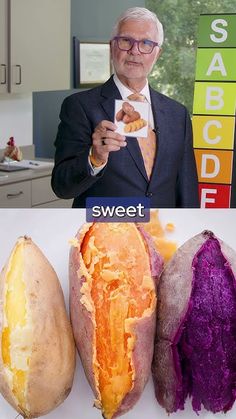 a man in a suit and tie standing next to sweet potatoes with the words sweet potato on them