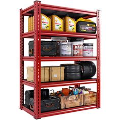 a red shelving unit filled with lots of different items