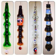 four different types of beer bottles hanging from chains