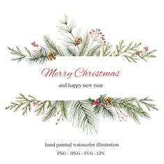 merry christmas and happy new year hand painted watercolor illustration