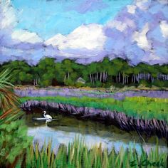 a painting of a bird flying over a pond in the grass with trees and clouds