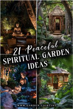 a collage of photos of a garden with a gazebo and a gazebo Wood Outdoor Table, Outdoor Zen Garden, Garden Retreat Ideas, Spiritual Garden Ideas, Outdoor Table And Chairs, Outdoor Meditation, Garden Troughs, Spiritual Garden, Garden Wood