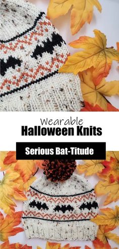 two knitted hats sitting on top of leaves with text overlay that reads, wearable halloween knits serious bat - tide