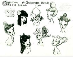 an old cartoon character sheet with various hair styles and headgear for the characters