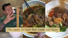 a man holding chopsticks in front of a bowl of noodles and beef soup