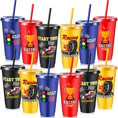 many different colored plastic cups with straws in them and the words race on each cup