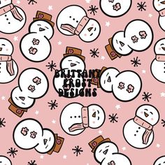 many snowmen with hats and scarfs on pink background