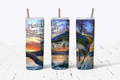 three water bottles with fishing images on them