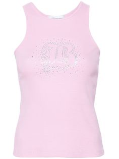 rose pink stretch-cotton lightweight jersey fine ribbed rhinestone embellishment crew neck sleeveless racerback straight hem Summer Stretch Tank Top With Rhinestones, Fitted Rhinestone Tank Top, Fitted Rhinestone Tops For Summer, Fitted Tops With Rhinestones For Summer, Chic Fitted Tops With Rhinestones, Stretch Sleeveless Rhinestone Top, Stretch Sleeveless Top With Rhinestones, Sleeveless Stretch Tops With Rhinestones, Chic Stretch Tops With Rhinestones