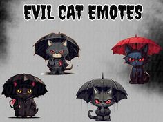 an evil cat emotes character is depicted in four different poses with umbrellas