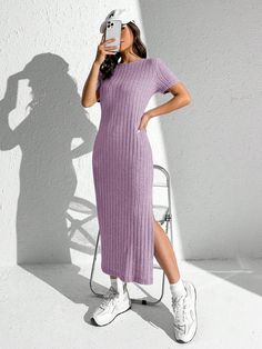 Split Thigh Ribbed Knit Dress Lilac Purple Casual  Short Sleeve Knitted Fabric Plain Fitted Slight Stretch Spring/Summer Women Clothing, size features are:Bust: ,Length: ,Sleeve Length: Dusty Pink Style, Khaki Fashion, Womens Knit Dresses, Cold Shoulder Long Sleeve, Split Maxi Dress, Ribbed Knit Dress, Dress Short Sleeve, Lilac Dress, Maxi Dresses Casual