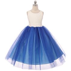 Sleeveless two tone organza and tulle girl dress. Beautiful lace accents the waistline. Adjustable waist with back tie. Additional netting under the skirt for volume look. Tea length. Center back zipper. Fully lined for comfort. Perfect for special occasions. MADE IN USA COLOR: ROYAL BLUE FINAL SALE Flower Girl Dresses Blue, Girls Holiday Dresses, Girls Blue Dress, Tulle Flower Girl, Satin Tulle, Tulle Flowers, Wedding Flower Girl Dresses, Dress Birthday, Flower Girl Dresses Tulle