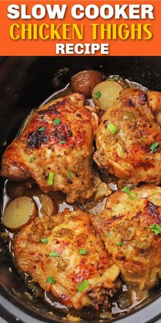 Overhead image of chicken thighs cooking in the slow cooker with potatoes and seasonings with Pinterest overlay. Slow Cooker Bone In Chicken, Recipes Chicken Thighs, Chicken Thighs In Oven, Pulled Chicken Recipes, Chicken Thighs Dinner, Bone In Chicken Recipes, Crockpot Chicken Thighs, Slow Cooker Chicken Thighs, Bone In Chicken Thighs