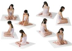 a woman sitting on top of a mat in different positions and posing for the camera