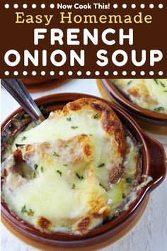 an easy homemade french onion soup recipe in a brown bowl with the title overlay