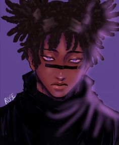 a drawing of a person with dreadlocks on their head and eyes, in front of a purple background