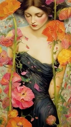 a painting of a woman surrounded by flowers