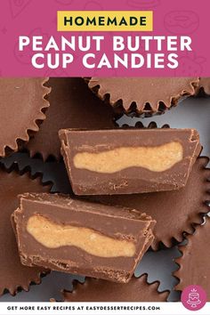 homemade peanut butter cup candies are stacked on top of each other