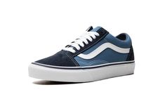 The Vans Old Skool brings a classic color scheme to the low-top skateboarding model.  The lace-up sneaker comes in premium, durable canvas with black covering the front and back of the shoe and navy blue filling the side panels.  The laces, stiching, and Vans sidestripe in white contrast the darker set of colors nicely.  Performance features on the Vans Old Skool include a reinforced toe cap for durability, padded collar support, and signature rubber waffle outsole for traction. Vans Old Skool Navy, Navy Blue Vans, Blue Vans, Stadium Goods, Vans Old Skool, Side Stripe, Old Skool, Side Panels, Skateboarding