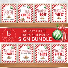 the merry little baby shower sign bundle is on display in front of a wooden shelf