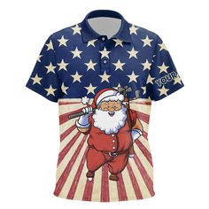 a polo shirt with an image of santa claus holding a baseball bat in front of the american flag