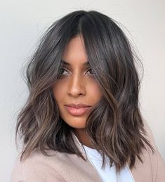 Short Hair With Subtle Highlights, Short Hair Highlights For Black Hair, Black Hair Balayage Short Bob, Dark Balayage On Short Hair, Ash Brown Bob With Highlights, Dark Bob Balayage, Short Bob Balayage Brunettes Dark Brown, Balyage Short Brown Hair, Dark Hair Balayage Bob