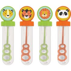 four plastic toothbrushes with animals on them