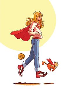 a drawing of a woman walking with a cat on her back and a red cape over her shoulders