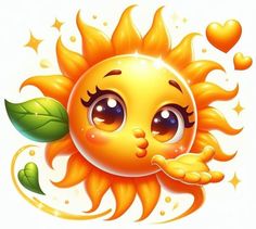 a cartoon sun with big eyes and green leaves on it's nose, surrounded by hearts