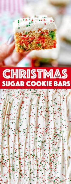 christmas sugar cookie bars with white frosting and sprinkles on the top