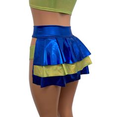 Bustle Skirt in Blue Metallic & Lime Holographic - Peridot Clothing Bustle Skirt, Ruffle Skirt, Festival Outfit, Lime Green, Spandex, Festival, Skirt, Green, Blue