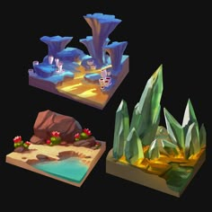 three low polygonal images of rocks, plants and water in different stages of development