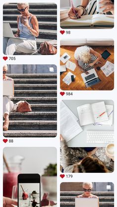 a series of photos showing different people using their cell phones and laptops on the steps