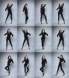 the woman is posing in all her black clothes and poses for different pictures, she has one hand on her head