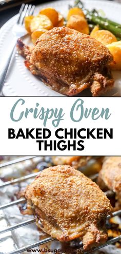 crispy oven baked chicken thighs on a white plate