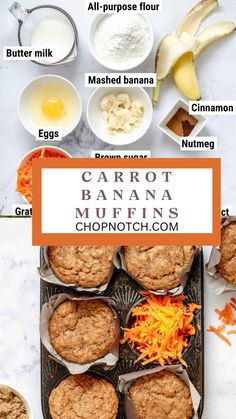 Experience the perfect marriage of flavors and nutrients with our Carrot Banana Muffins recipe! These delightful muffins combine the natural sweetness of ripe bananas with the wholesome goodness of carrots, creating a moist and flavorful treat that's perfect for breakfast or snacking. Each bite is a harmonious blend of fruity and earthy flavors, with a hint of warm spices for added depth. #CarrotBananaMuffins #WholesomeTreats #HomemadeBaking #EasyRecipes  #ChopNotchRecipe #HealthyEating Carrot Banana Muffins, Banana Carrot Muffins, Fast Easy Desserts, 3 Meals A Day, Banana Muffins Recipe, Cheese Cauliflower, Marmalade Jam, Breakfast Inspiration, Food Ideas For Kids